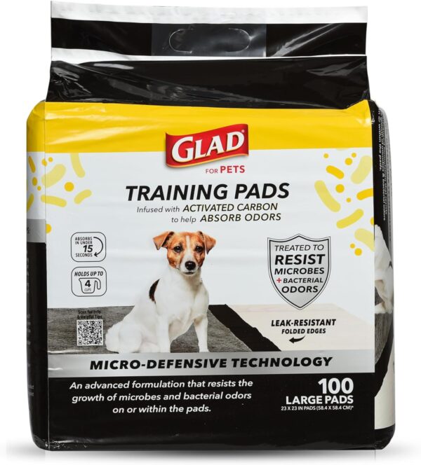 Glad for Pets Activated Carbon Puppy Training Pads with Anti-Microbial Technology, 23"x23" 100ct | Ultra Absorbent, Odor Control, Heavy Duty Puppy..