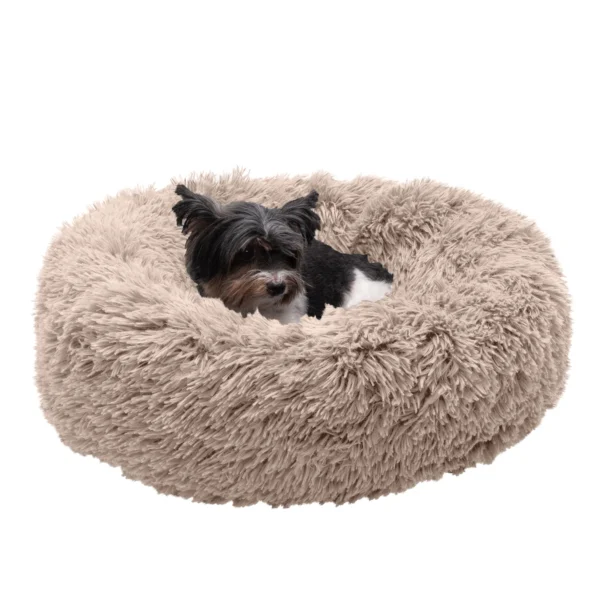 FurHaven Pet Products Calming Cuddler Long Faux Fur Donut Pet Bed for Dogs & Cats - Taupe, Small - 23"