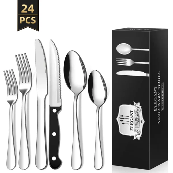 24 Piece Flatware Set for 4, TINANA Stainless Steel Flatware Set, Mirror Polished Cutlery Utensil Set, Durable Home Kitchen Eating Tableware Set, Fork Knife Spoon Set,Dishwasher Safe-Silver