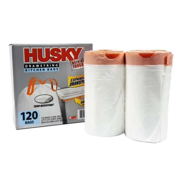 Husky Tall Kitchen White Trash Bags, 13 Gallon, 120 Bags (Expandable Drawstring, 20% PCR) (2 Pack) - Image 3