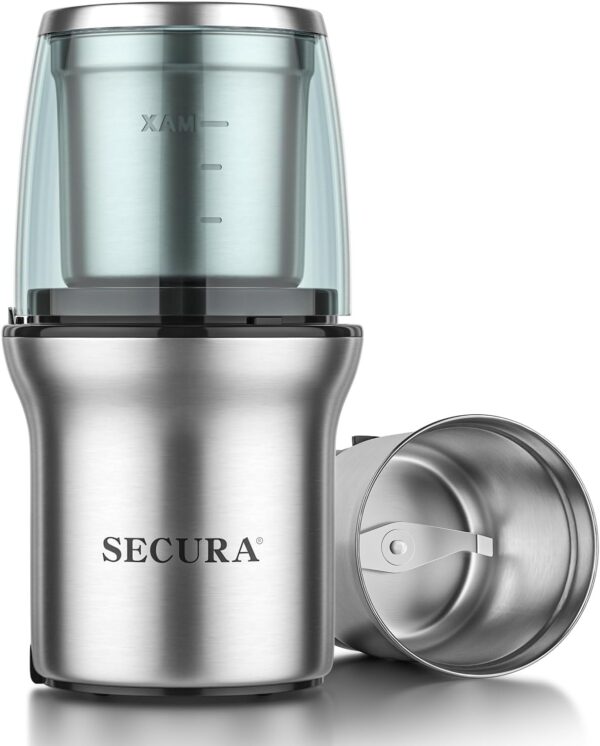 Secura Electric Coffee Grinder and Spice Grinder with 1 Stainless Steel Blades Removable Bowls, Dry Grinding