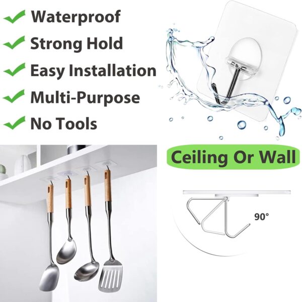 Adhesive Hooks for Hanging Heavy Duty Wall Hooks Self Adhesive Towel Coat Hooks Waterproof Transparent Hooks for Bathroom Shower Kitchen Keys Door Outdoor Home Improvement Utility Hook 12 Pack - Image 3