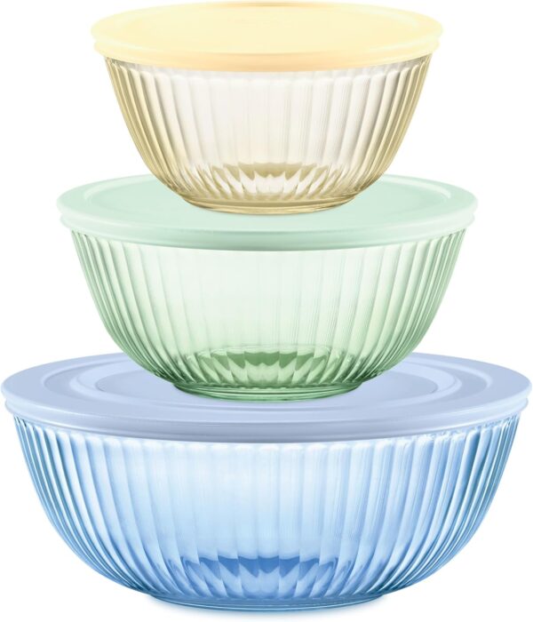 Pyrex Year Of Color Sculpted (3-Pack| 1.3 QT, 2.3 QT, 4.5 QT) Tinted Glass Mixing Bowls Set With Lids For Prepping, Baking and Cooking, Preheated Oven,...