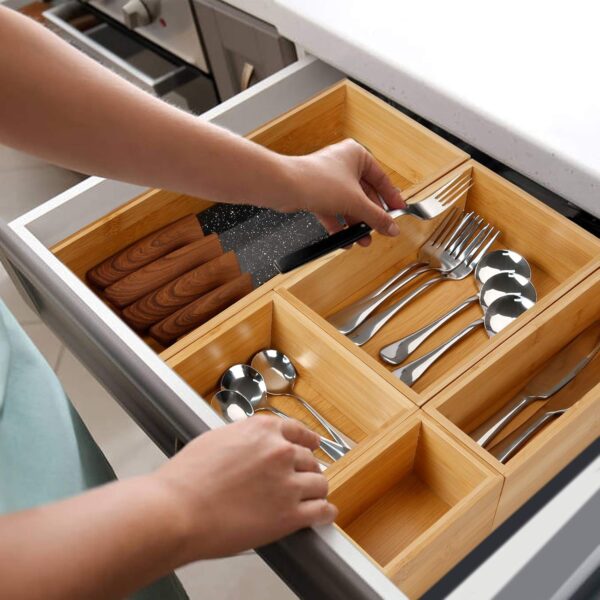 Secura Kitchen Drawer Utensil Organizer Box Set 𝟱 𝗣𝗮𝗰𝗸, Bamboo Utensil Holder Cutlery Makeup Silverware Jewelry Flatware Organization Tray for Kitchen,... - Image 3
