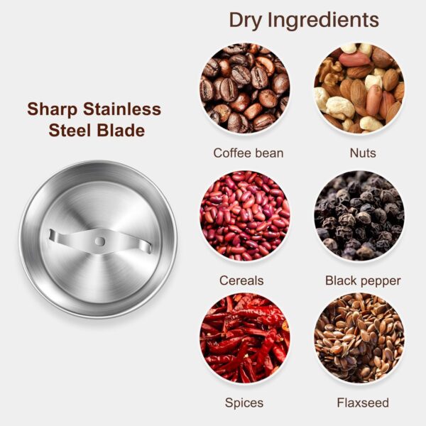 Secura Electric Coffee Grinder and Spice Grinder with 1 Stainless Steel Blades Removable Bowls, Dry Grinding - Image 3