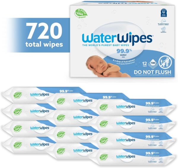 WaterWipes Plastic-Free Original Baby Wipes, 99.9% Water Based Wipes, Unscented & Hypoallergenic for Sensitive Skin, 60 Count (Pack of 12), Packaging... - Image 2