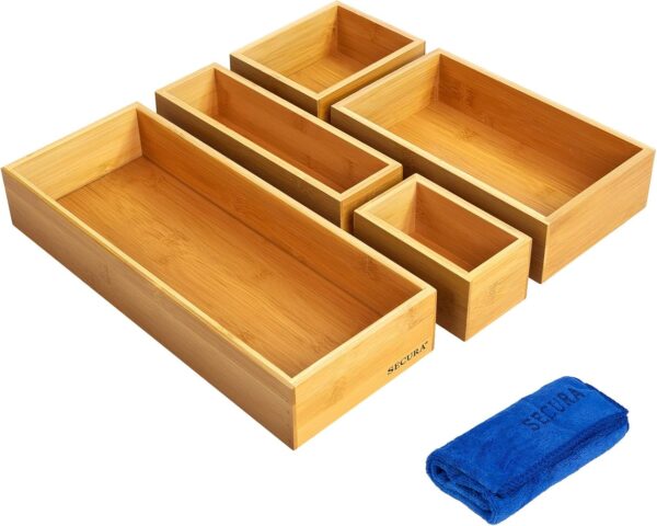 Secura Kitchen Drawer Utensil Organizer Box Set 𝟱 𝗣𝗮𝗰𝗸, Bamboo Utensil Holder Cutlery Makeup Silverware Jewelry Flatware Organization Tray for Kitchen,...