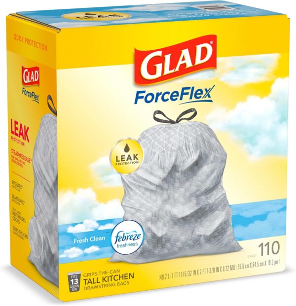 Glad ForceFlex Tall Kitchen Trash Bags, 13 Gallon, Gain Fresh Clean, 110 Count (Package May Vary)