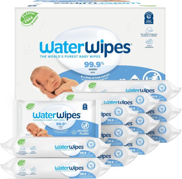 WaterWipes Plastic-Free Original Baby Wipes, 99.9% Water Based Wipes, Unscented & Hypoallergenic for Sensitive Skin, 60 Count (Pack of 12), Packaging...