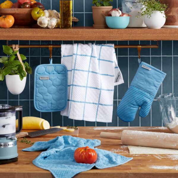 KitchenAid Quilted Cotton Terry Cloth Oven Mitt, Pot Holder Heat Resistant, 16"x26", 7"x13" & 7"x10", Blue Velvet - Image 2