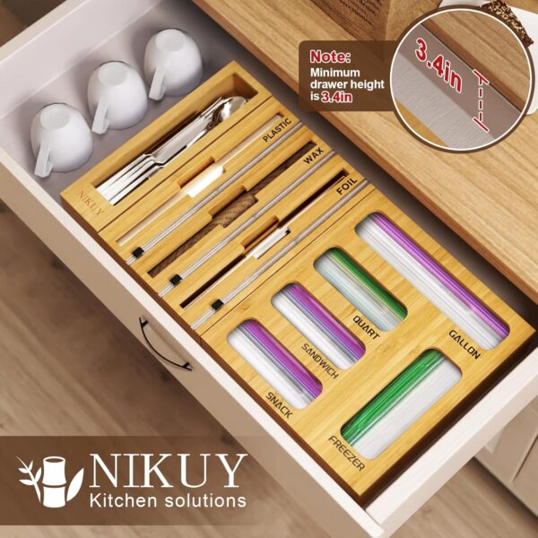 9 IN 1 Bamboo Foil and Plastic Wrap Organizer for Kitchen Drawer, Plastic Bag Organizer Organization and Storage, Food Storage Bag Organizer with Labels for Quart Gallon Snack Sandwich Bag - Image 3