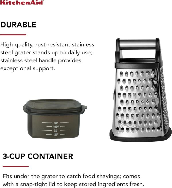 KitchenAid Gourmet 4-Sided Stainless Steel Box Grater for Fine, Medium and Coarse Grate, and Slicing, Detachable 3 Cup Storage Container and Measurment... - Image 3