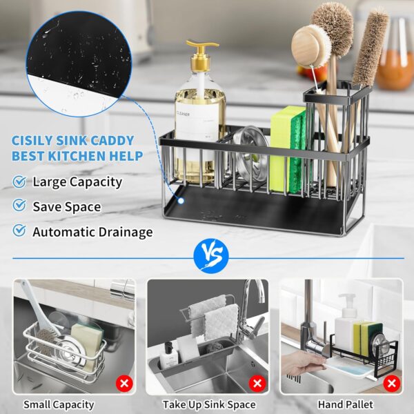 Cisily Kitchen Sink Caddy, Sponge Holder for Kitchen Sink, Kitchen Sink Organzier and Storage with High Brush Holder, Rustproof 304 Stainless Kitchen... - Image 2