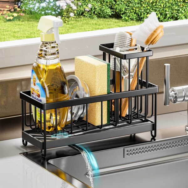 Sponge Holder for Kitchen Sink, Sink Caddy with High Brush Holder, Organzier Rustproof 304 Stainless Steel Dish Organizer Divider, Soap Dispenser Storage