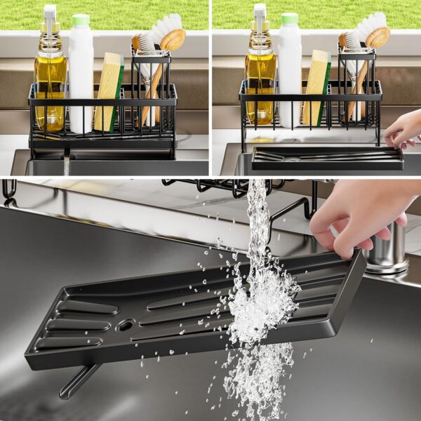 Sponge Holder for Kitchen Sink, Sink Caddy with High Brush Holder, Organzier Rustproof 304 Stainless Steel Dish Organizer Divider, Soap Dispenser Storage - Image 2