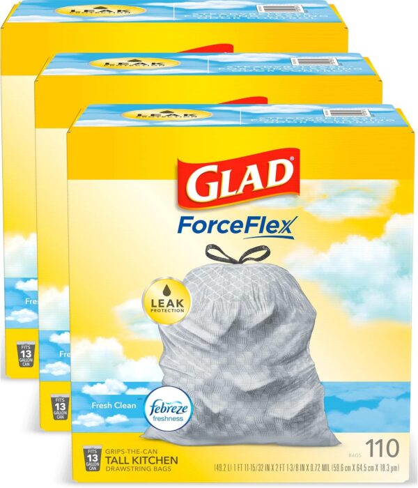 Glad ForceFlex Tall Kitchen Trash Bags, 13 Gallon, Gain Fresh Clean, 110 Count (Package May Vary) - Image 3