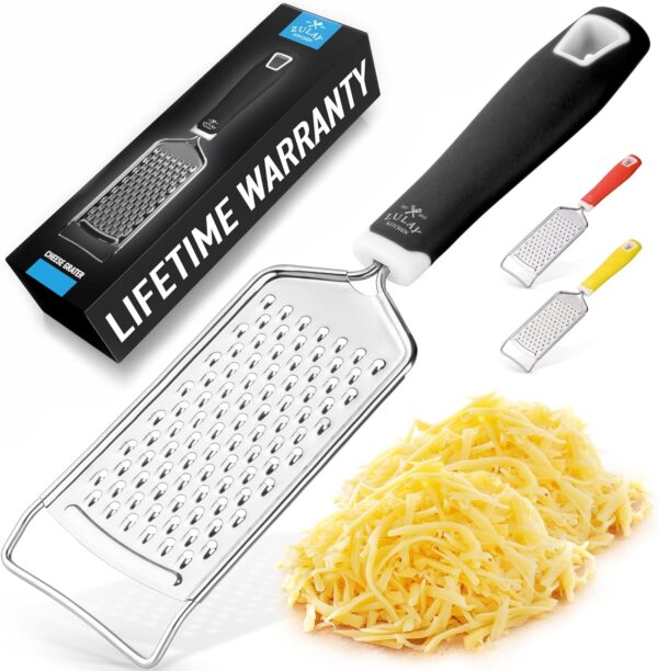 Zulay Kitchen Professional Cheese Grater Stainless Steel - Durable Rust-Proof Metal Lemon Zester Grater With Handle - Flat Handheld Grater For Cheese,...