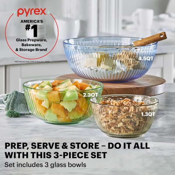 Pyrex Year Of Color Sculpted (3-Pack| 1.3 QT, 2.3 QT, 4.5 QT) Tinted Glass Mixing Bowls Set With Lids For Prepping, Baking and Cooking, Preheated Oven,... - Image 3