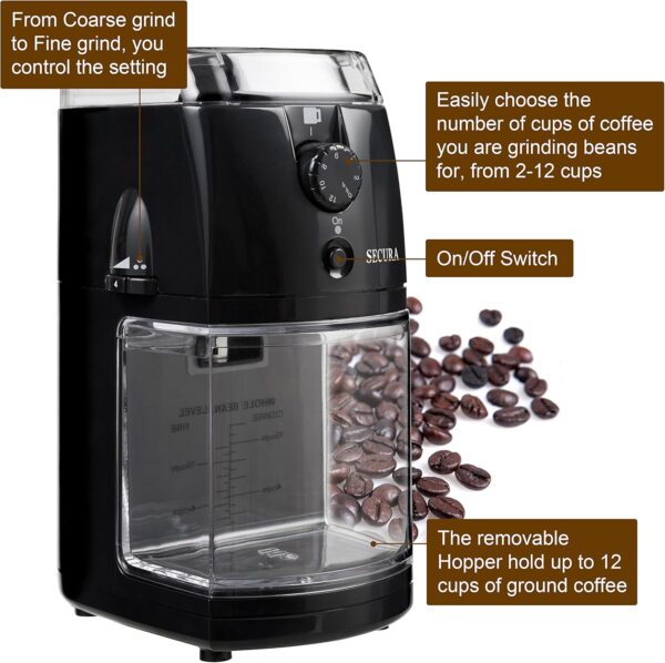 Secura Electric Burr Coffee Grinder Mill, Adjustable Cup Size, 17 Fine to Coarse Grind Size Settings for Drip, Percolator, French Press and Turkish Coffee...
