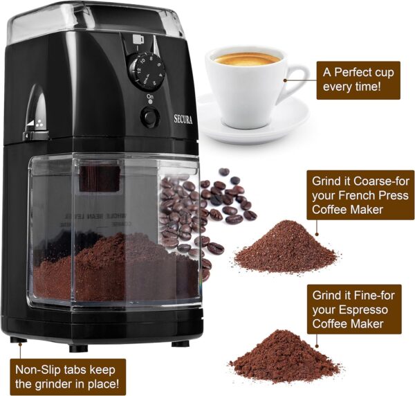 Secura Electric Burr Coffee Grinder Mill, Adjustable Cup Size, 17 Fine to Coarse Grind Size Settings for Drip, Percolator, French Press and Turkish Coffee... - Image 3