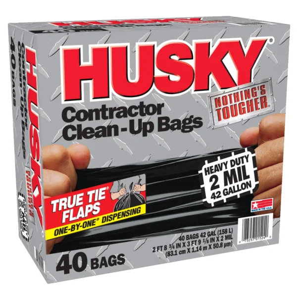 Husky Heavy Duty Contractor Black Bags, 42 Gallon, 40 Bags, 2 Mil (20% PCR)