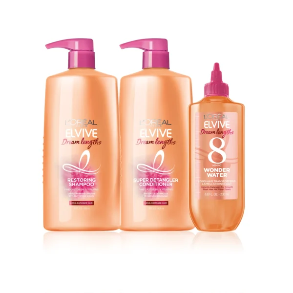 L'Oreal Paris Elvive Dream Lengths Restoring Shampoo, Detangler Conditioner, and Lamellar Rinse Out Set, 28 fl oz